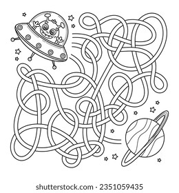 Maze game for children on space theme. Outline labyrinth puzzle. Help the cartoon alien find way to planet Uranus. Worksheet for education kids. Coloring page. Activity book. Vector illustration.