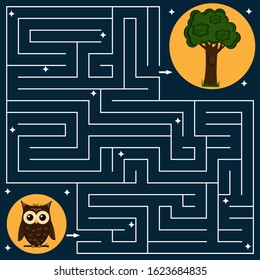 maze game for children on the theme of nature owl and tree, vector illustration, dark blue background