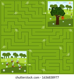 Maze game for children on the theme of nature and bees, help the bees get into your home, color vector illustration