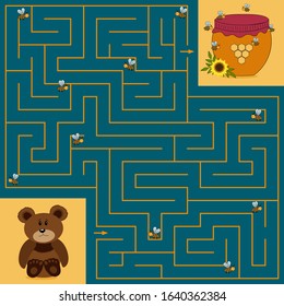 Maze game for children on the theme of animals and nature, help the bear find the way to a jar of honey, blue background, vector illustration