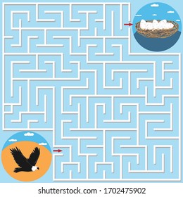 Maze game for children on the theme of nature, help the eagle find the way to the nest with eggs, background blue, vector illustration, flat design