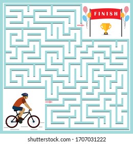 Maze game for children on the theme of sports and competitions where the cyclist must find the way to the finish line and get the Cup, color vector illustration, flat design