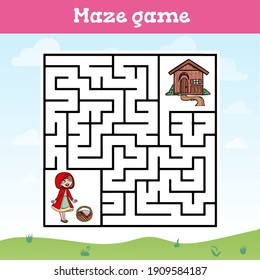 Maze-Spiel für Kinder mit rotem Hut und Haus Vektorgrafik