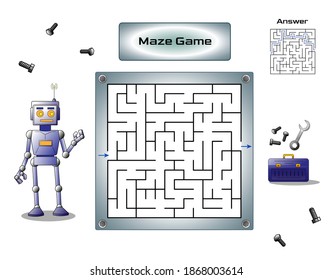 Maze game for children with robot. Find the way to toolbox. Vector