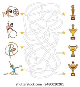 Juego de laberinto para niños, conjunto de personajes de gimnastas rítmicos de dibujos animados. Ayuda a las chicas a llegar a las copas de trofeos deportivos.