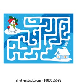 Maze game for children.  Snowman carrying a Christmas tree to the tiny village house. Help him to get through the labyrinth. Winter holidays background. 