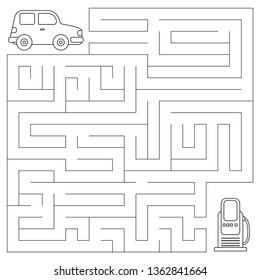 Maze game for children. Vector coloring page. Help the car find the right path to the gas station.