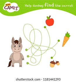 Maze game for children. Vector illustration of cute donkey.  Help donkey find the carrot.