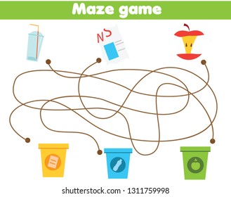 Maze game for children. Waste sorting theme. Sort garbage by type. Educational activity for kids and toddlers.