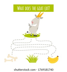 Maze game for children. What does the goat eat?  Finger educational game for kids. Activity for preschool years kids and toddlers.