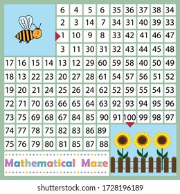 Maze game for children where the bee must find the way to the sunflowers. Color vector illustration. Education, entertainment, children's book design