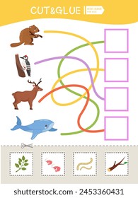 Maze game for children. Who eats what? Cut out the cards and glue them in the correct place.

