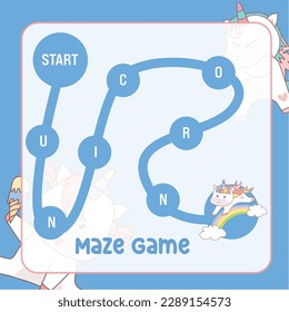 Maze game for children. Maze worksheet with unicorn theme. Educational printable sheet. Vector file.