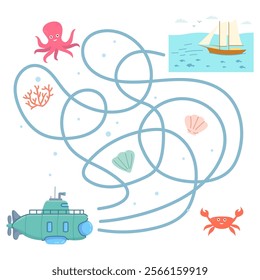 Maze game for children.Maze game with submarine.Labyrinth game with submarine.Vector illustration.Animal cartoon characters.Underwater world.