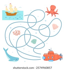 Maze game for children.Maze game with submarine.Labyrinth game with submarine.Vector illustration.Animal cartoon characters.Underwater world.