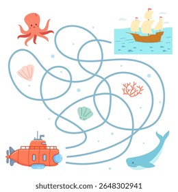 Jogo de labirinto para children.Maze jogo com submarine.Labyrinth jogo com submarine.Vetor ilustration.Animal desenhos animados characters.Underwater mundo.