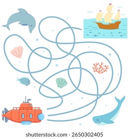 Jogo de labirinto para children.Maze jogo com submarine.Labyrinth jogo com submarine.Vetor ilustration.Animal desenhos animados characters.Underwater mundo.