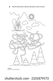 The maze game. Christmas theme. Help the little beaver get on the right path. Game and coloring. Vector illustration. English language.