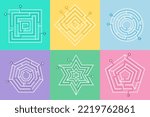 Maze game. Circle labyrinth. Square and polygonal shapes. Digital go map border. Corporate door exercise. Route to entrance from exit. Different puzzles set. Vector background tidy concept