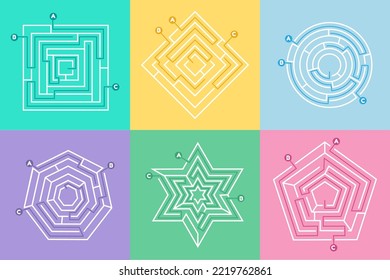 Maze game. Circle labyrinth. Square and polygonal shapes. Digital go map border. Corporate door exercise. Route to entrance from exit. Different puzzles set. Vector background tidy concept