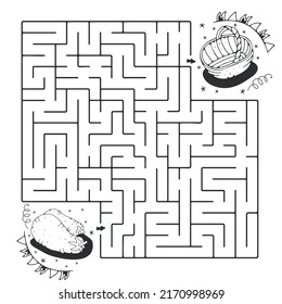 Maze game. Collect eggplants in a basket. Funny labyrinth for kids. Vector illustration. 