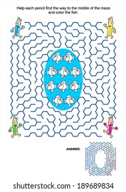 Maze game and coloring activity page for kids: Help each pencil find the way to the middle of the maze and color the fish. Answer included. 