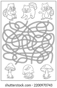 Maze game and coloring book. Funny labyrinth for children. Find way for raccoons to mushrooms. Education activity page and worksheet. Cartoon vector illustration.