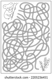 Maze game and coloring book for kids. Labyrinth with cute cartoon koala and branch of eucalyptus. Children education activity page and worksheet. Cartoon outline vector illustration.