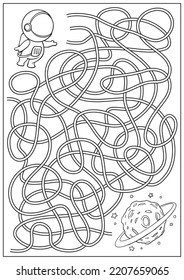 Maze game and coloring book for kids. Labyrinth with cute cartoon cosmonaut and space planet. Children education activity page and worksheet. Outline vector illustration.