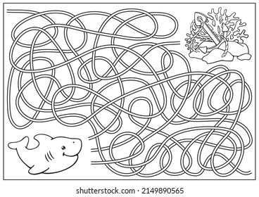 Maze game and coloring for kids with cute cartoon shark. Printable children puzzle worksheet and activity page. Labyrinth with road to treasure of pirate anchor. Sea underwater vector illustration.