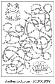 Maze game and coloring page with cute frog. Cartoon labyrinth education puzzle. Find path. Vector kids activity worksheet.