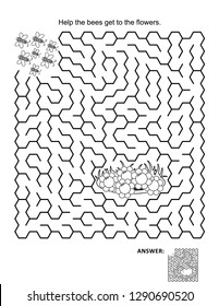 Página de juego de Maze y coloreado: Ayude a las abejas a llegar a las flores. Respuesta incluida.