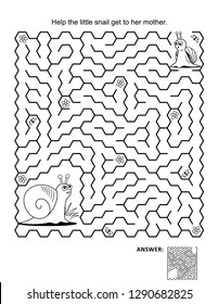 Maze game and coloring page for kids: Help the little snail to get to her mother. Answer included.