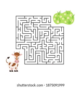 Maze game cow find grass in labyrinth isolated on white background. Cartoon worksheet with animal for kids education. Help cow to find right path to food in labyrinth. Vector flat quiz illustration.