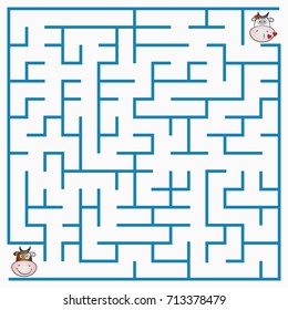 Maze game with cow for kids, geometric labyrinth with entry and exit. Vector illustration.
