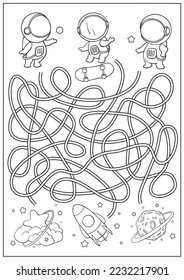 Maze game with cute astronauts. Kids riddle education worksheet with spaceship, rocket, planet and stars. Vector printable activity page.