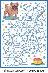 Maze game with cute dog. Cartoon labyrinth education puzzle. Find path for pug to food. Vector kids activity worksheet.