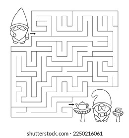 Maze game with cute gnomes. Help the gnome find right way to his friend. Tea time. Educational puzzle for children. Activity page. Coloring page with labyrinth. Vector illustration.