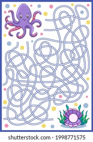 Maze game with cute octopus. Cartoon labyrinth education puzzle. Find path vector kids activity worksheet.