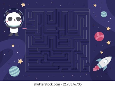 Maze game with cute panda in space. Kawaii cartoon bear cosmonaut. Vector flat style spaceship, planets and stars. Labyrinth on space background. Educational printable worksheet for preschool kids.
