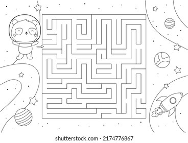 Maze game with cute panda in space. Educational puzzle for coloring book. Cartoon kawaii bear, spaceship and planets. Black and white vector illustration.