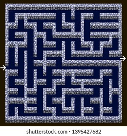 Maze game design element. Labyrinth with stone walls in dungeon, top down view. For puzzle game asset, easy level, rectangular shape. Vector illustration