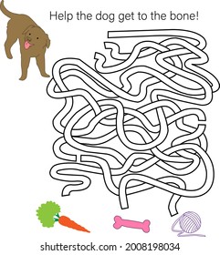 Maze game with dog. Cartoon labyrinth education puzzle. Find path for dog to bone. Vector kids activity worksheet.