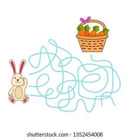 Maze game, education game for children.The easter rabbit looks basket with carrot.Flat illustration vector. Children's game.