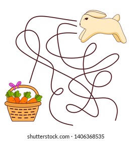 Maze game, education game for children.The easter rabbit looks basket with carrot.Flat illustration vector. Children's game.