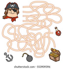 Maze game, education game for children. Help the pirate to get the treasure chest