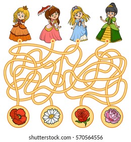 Maze game, education game for children. Little princess and flowers