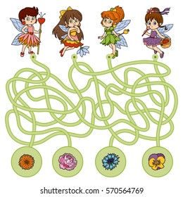 Maze game, education game for children. Little fairies and flowers