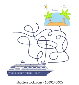 Maze game, education game for children.The ship floats by sea to the tropical island with palm trees. Sea cruise ship liner.Flat illustration vector. Children's game.