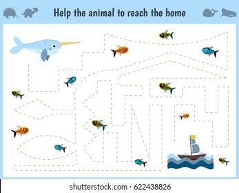 Maze game. Educational children cartoon game for children of preschool age. Help to find the way home in the sea, narwhal and feed him fish. Vector illustration